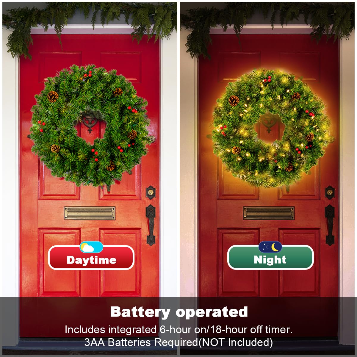 Christmas Wreaths, 50 LEDs Pre-Lit Artificial Wreaths with Pines Cones, Berry Clusters, Frosted Branches, 23.6 inch Wreath for Front Door/Indoor/Outdoor Christmas Decorations(Warm Lights)