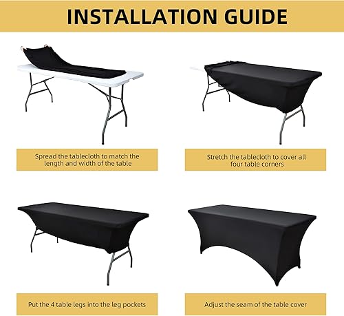 Miniatura 5 de Paquete de 2 Cubiertas de Mesa de Spandex Negro de 6 pies para Mesas Plegables Rectangulares Estándar - Manteles Elásticos Resistentes a las Arrugas