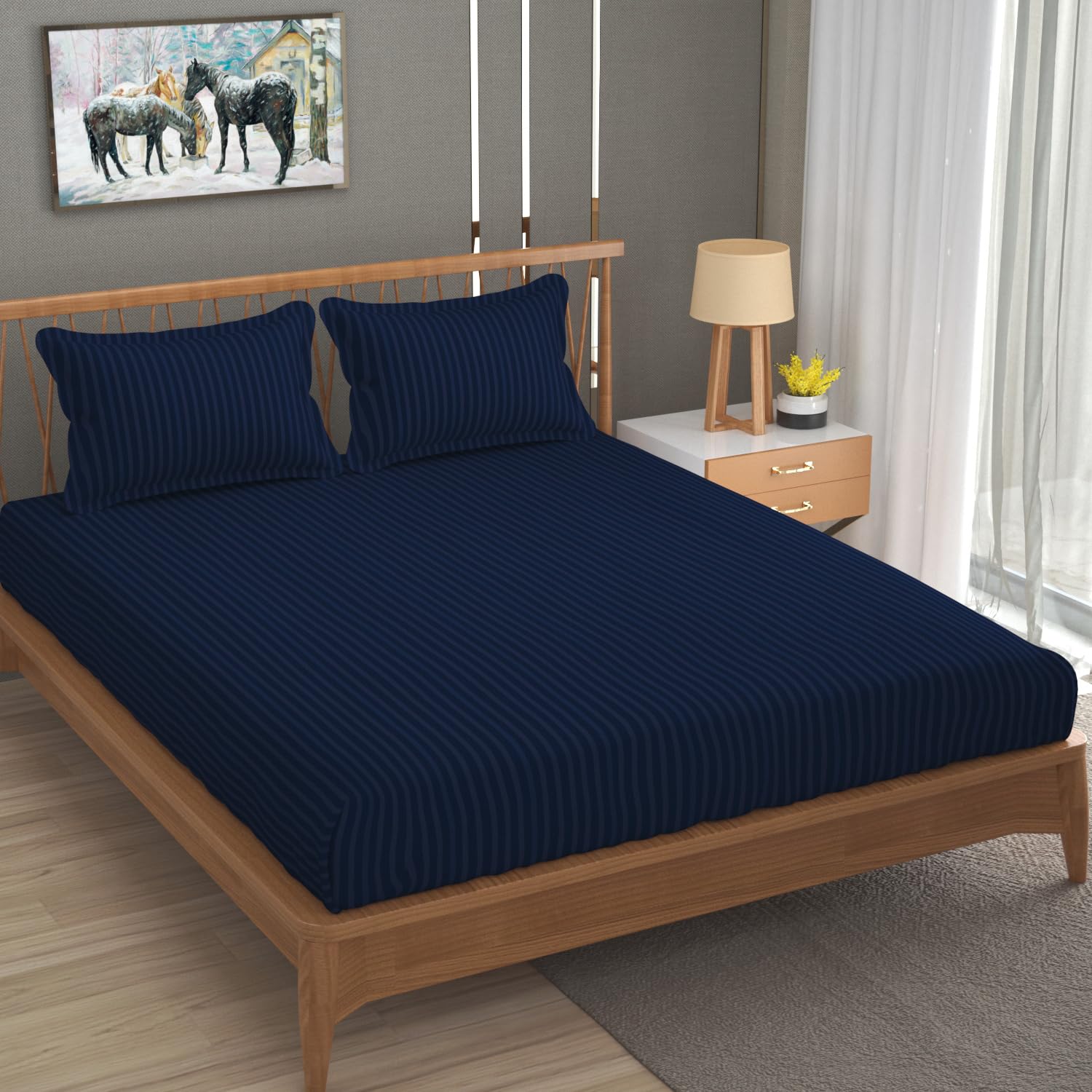 Homefab India 160 TC Stripe Cotton Feel Glace Cotton Elastic Fitted King Size Double Bed Bedsheet with 2 Pillow Covers Fits Upto 6 inches Mattress, Size-72X78 inches, Navy Blue