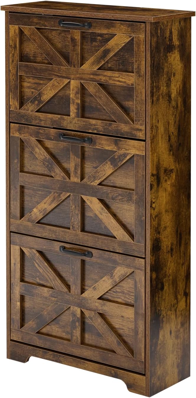 Shoe Cabinet with 3 Flip-Up Drawers, Adjustable Wooden Shoe Organizer with Shelf, Hidden Storage Cabinet for Entryway, Hallway, Living Room, Brown