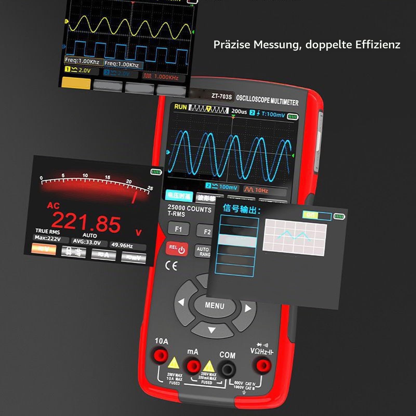 Digitales Oszilloskop-Multimeter, Farbbildschirm, 25.000 Zählungen, Zwei Kanäle, 50 MHz, Tragbarer Multifunktionstester, Tragbares Oszilloskop ZT-703S für Elektroniklabor