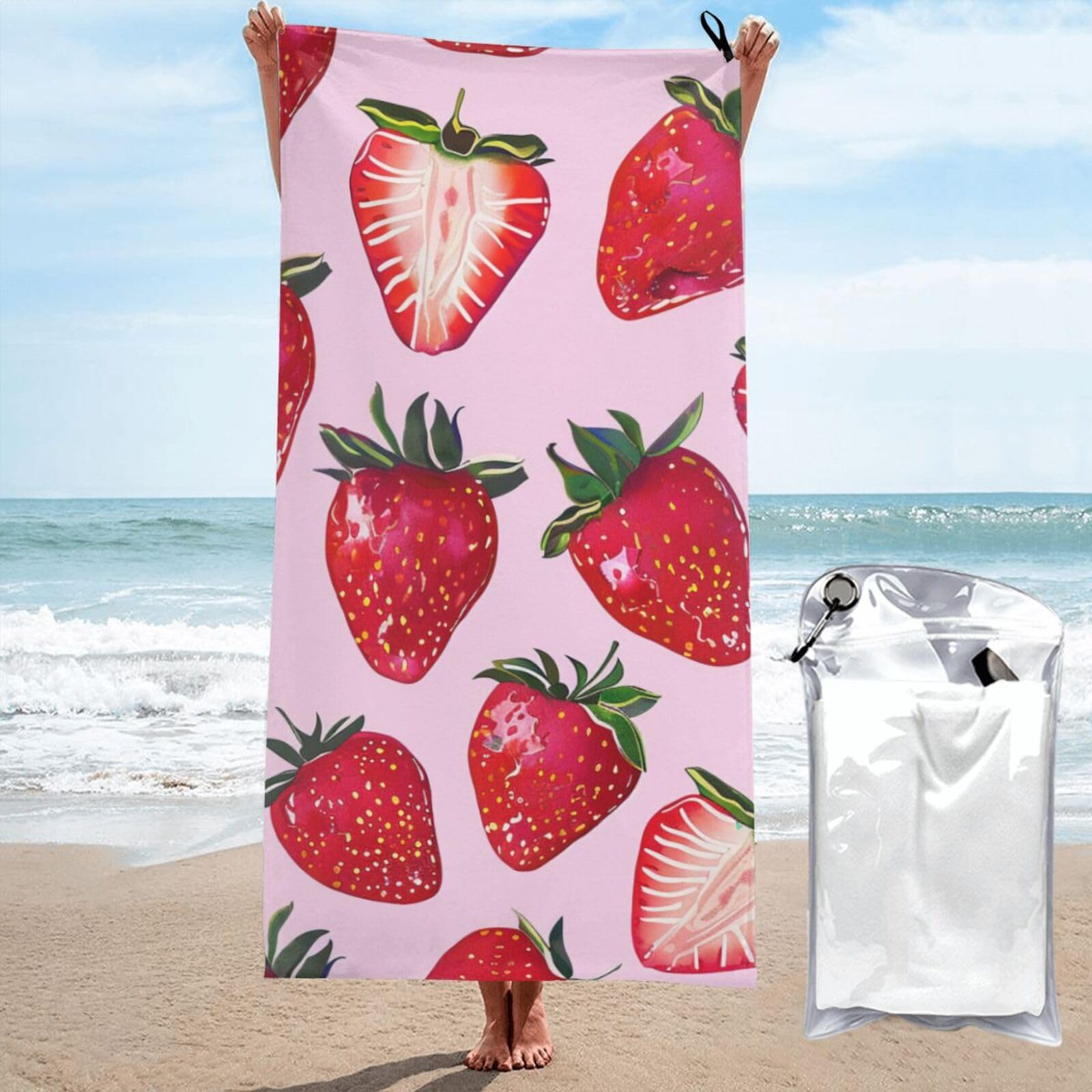 kkvhhyuo Microfiber Beach Towel, bright strawberries Printed Lightweight Quick Dry Travel Bath Sheet with Compact Carry Bag for Swimming Yoga Camping Gym,27.5"x55"