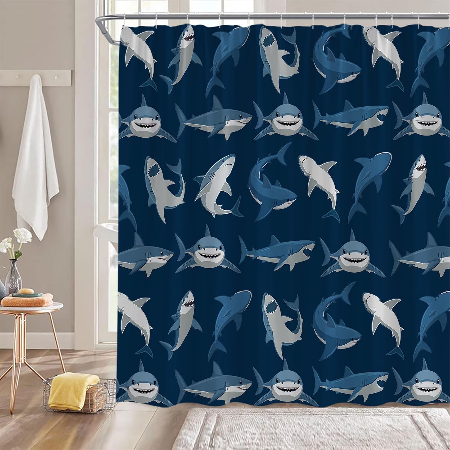 GCTNBJL Shark Shower Curtain Ocean Animal Shark Open The Mouth Fish Sea Marnie Underwater Nautical Bathroom Curtain with Hooks,Navy Blue,70" Wx84 H