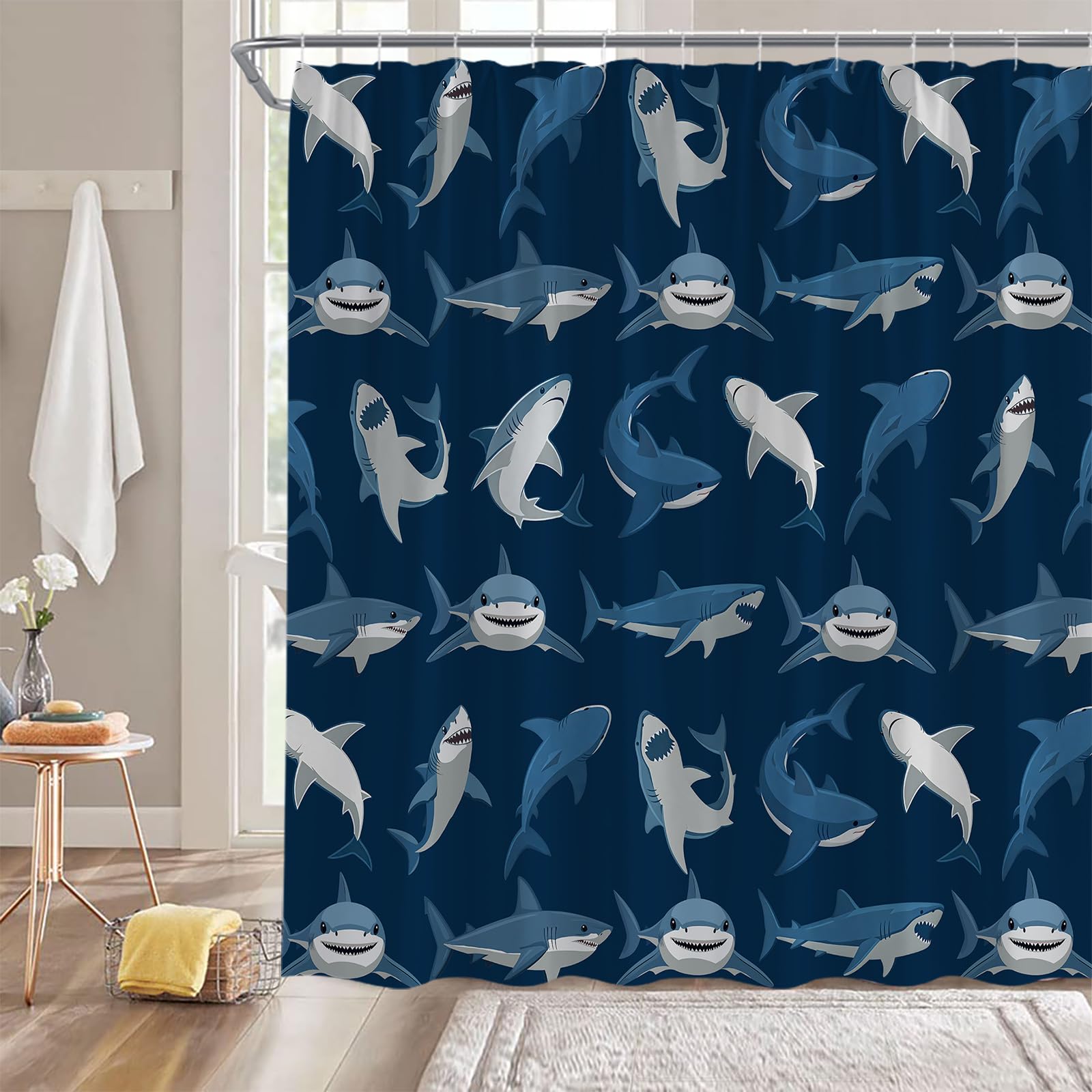 GCTNBJL Shark Shower Curtain Navy Blue Ocean Animal Shark Open The Mouth Have A Bite Danger Humor Fish Sea Marine Underwater Nautical Bathroom Curtain