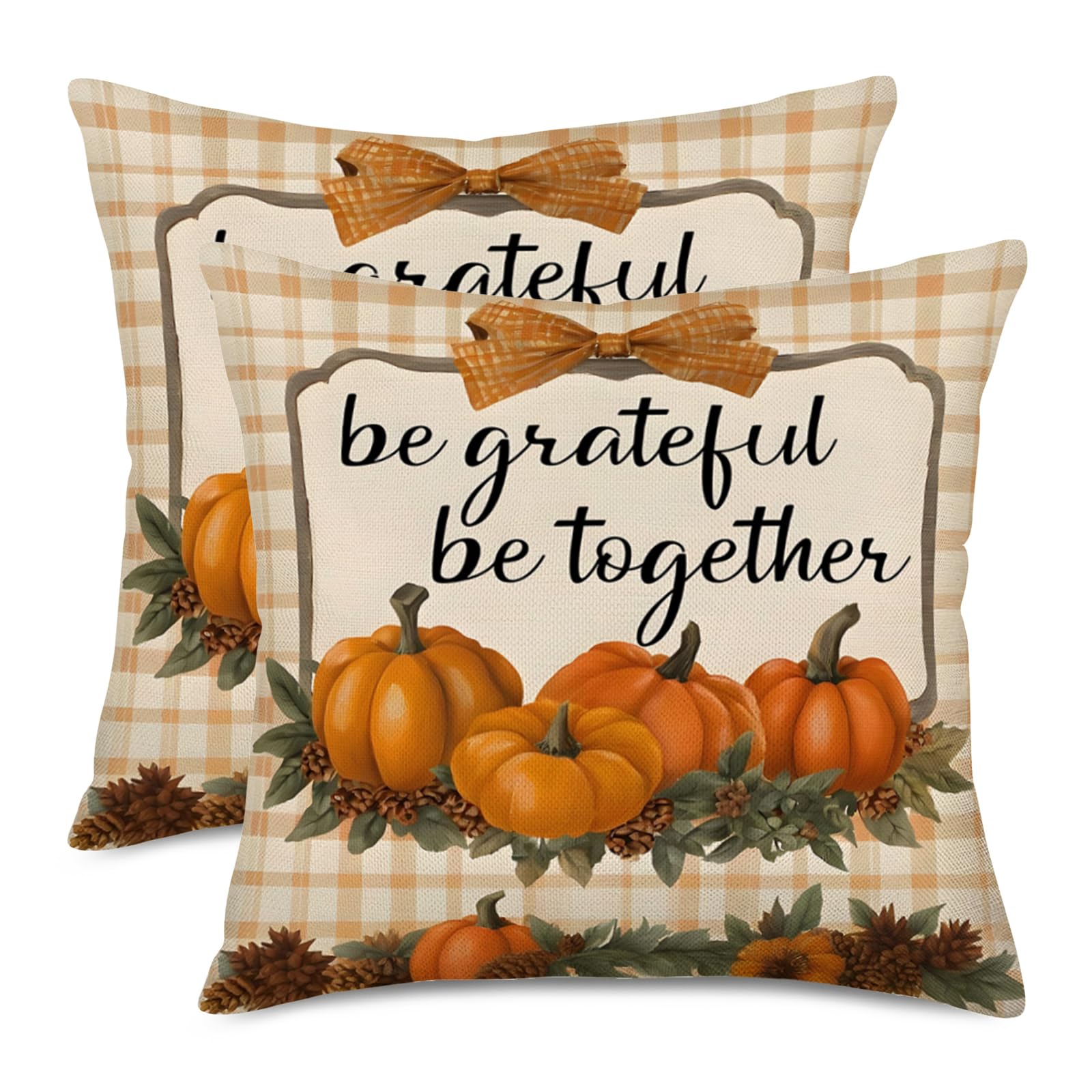 Fukeen Pumpkin Fall Pillow Covers 18x18 Inch Set of 2 Orange Buffalo Plaid Checkered Farmhouse Decorative Throw Pillow
