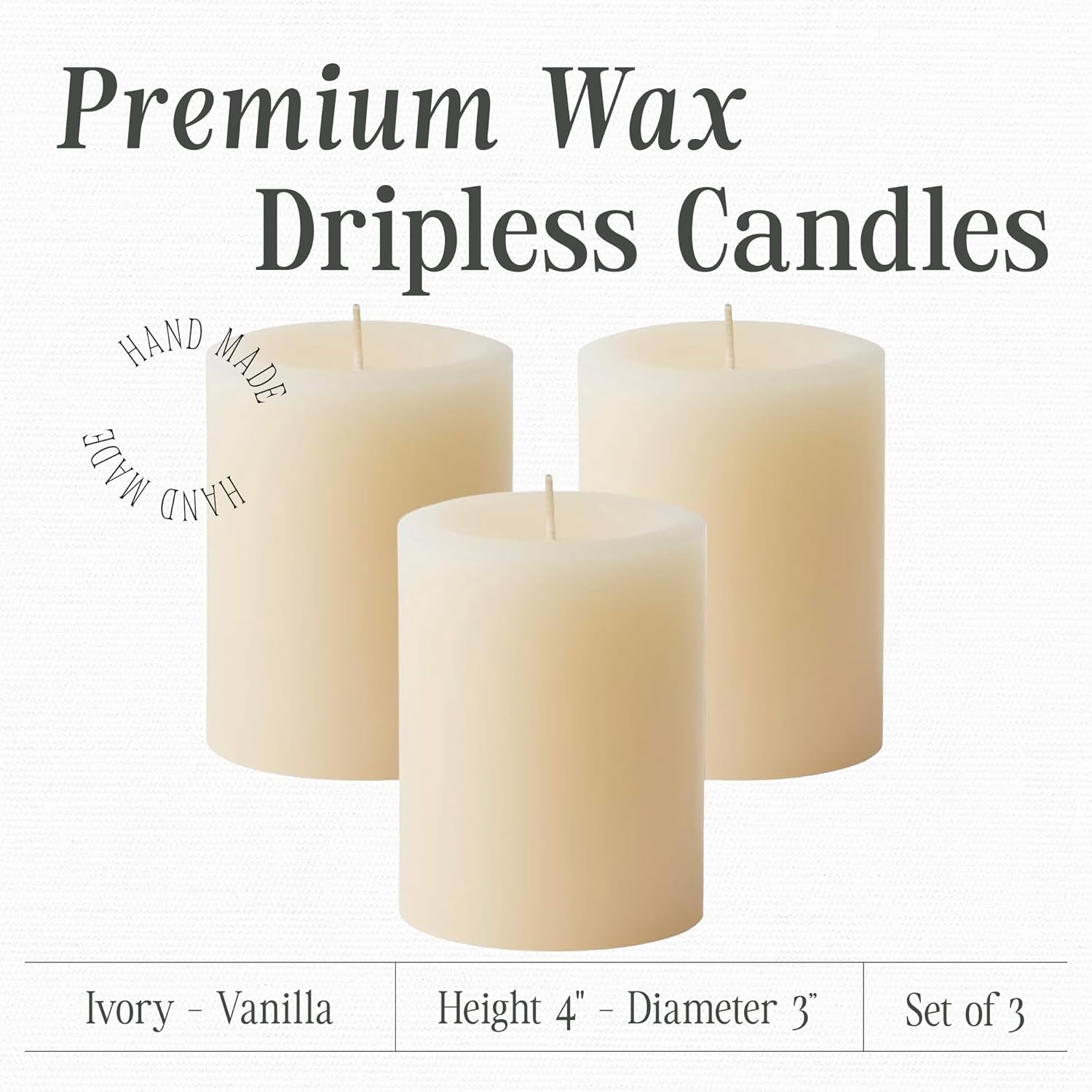 Mister Candle Dripless Vanilla Scented Ivory Pillar Candles Set of 3, Hand Made Vanilla Pillar Candles with Essential Oils for Home Decor, Premium Wax, 60 Hr Burn Time (3x4 inch) - Image 2