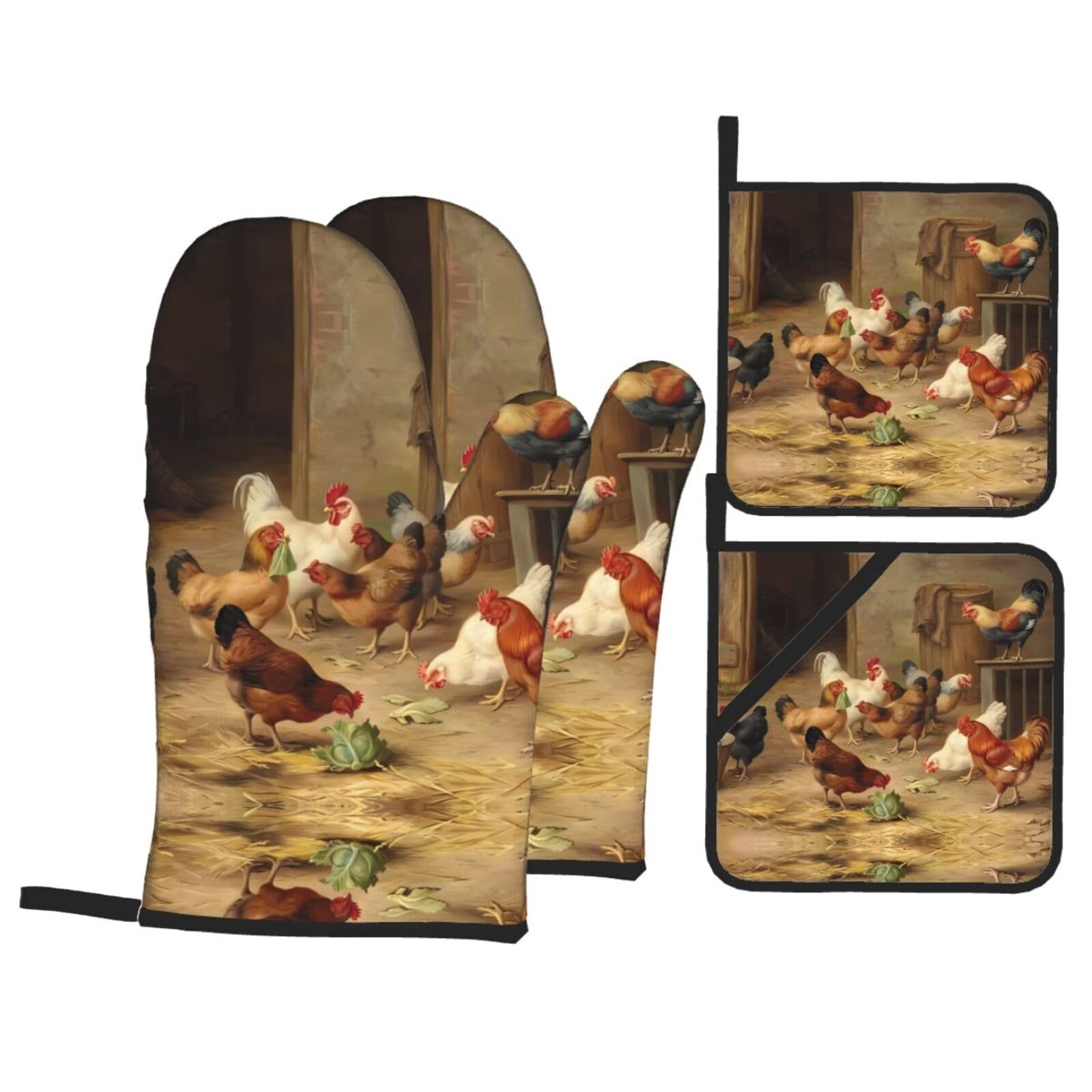 YYHHAOFA Farm Chickens Prints Kitchen Baking Set with Heat Resistant Pot Holders & Oven Mitts - Waterproof Layer for Hot Dishes, Grill & Microwave