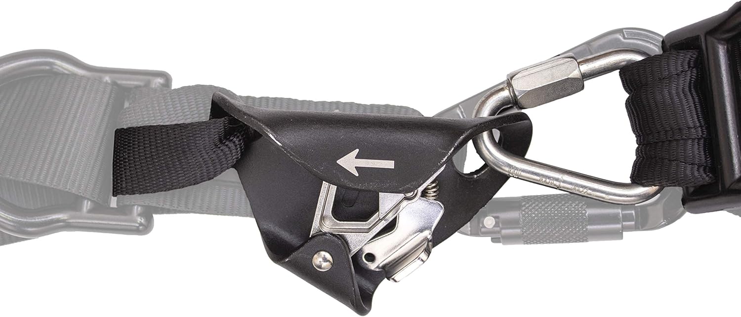 Close-up of a connection point with a carabiner attached to the harness