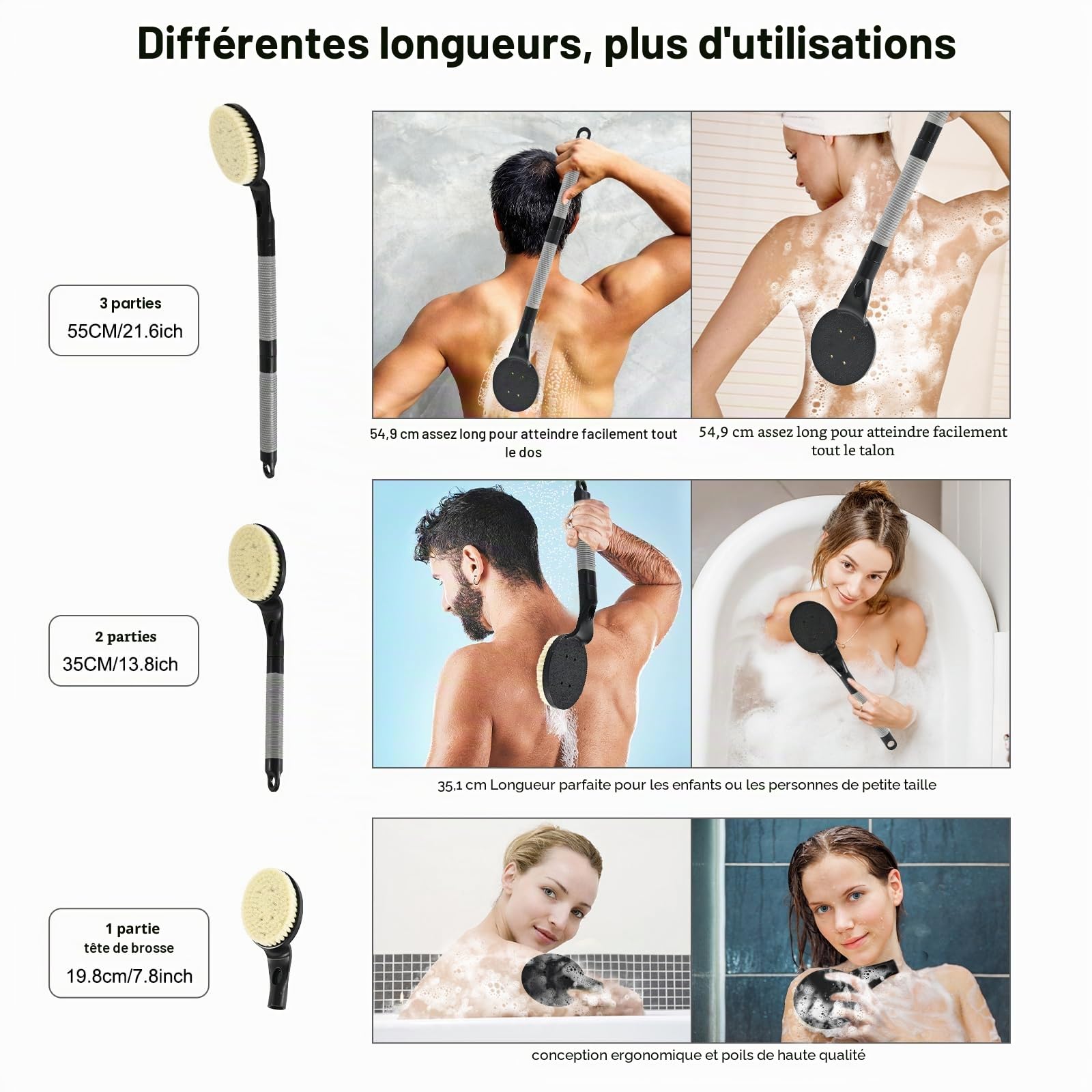 Brosse dos Douche, 55,1 cm Brosse dos Douche Long Manche, Brosse en Nylon Souple pour le Corps, Exfoliation Douce pour une Meilleure Santé de la Peau, pour Hommes et Femmes