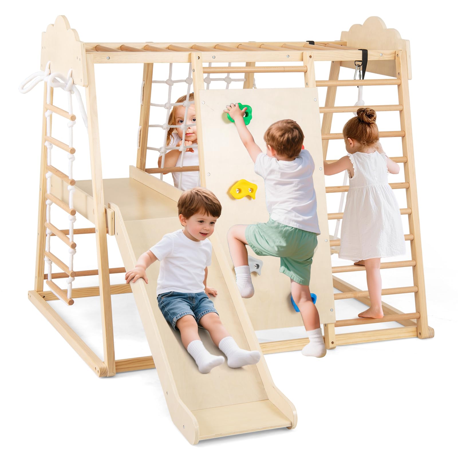 COSTWAY 8 in 1 Indoor Kids Gym, Montessori Wooden Climbing Playground with Monkey Bars, Detachable Slide, Swing, Rope Ladder (Natural)