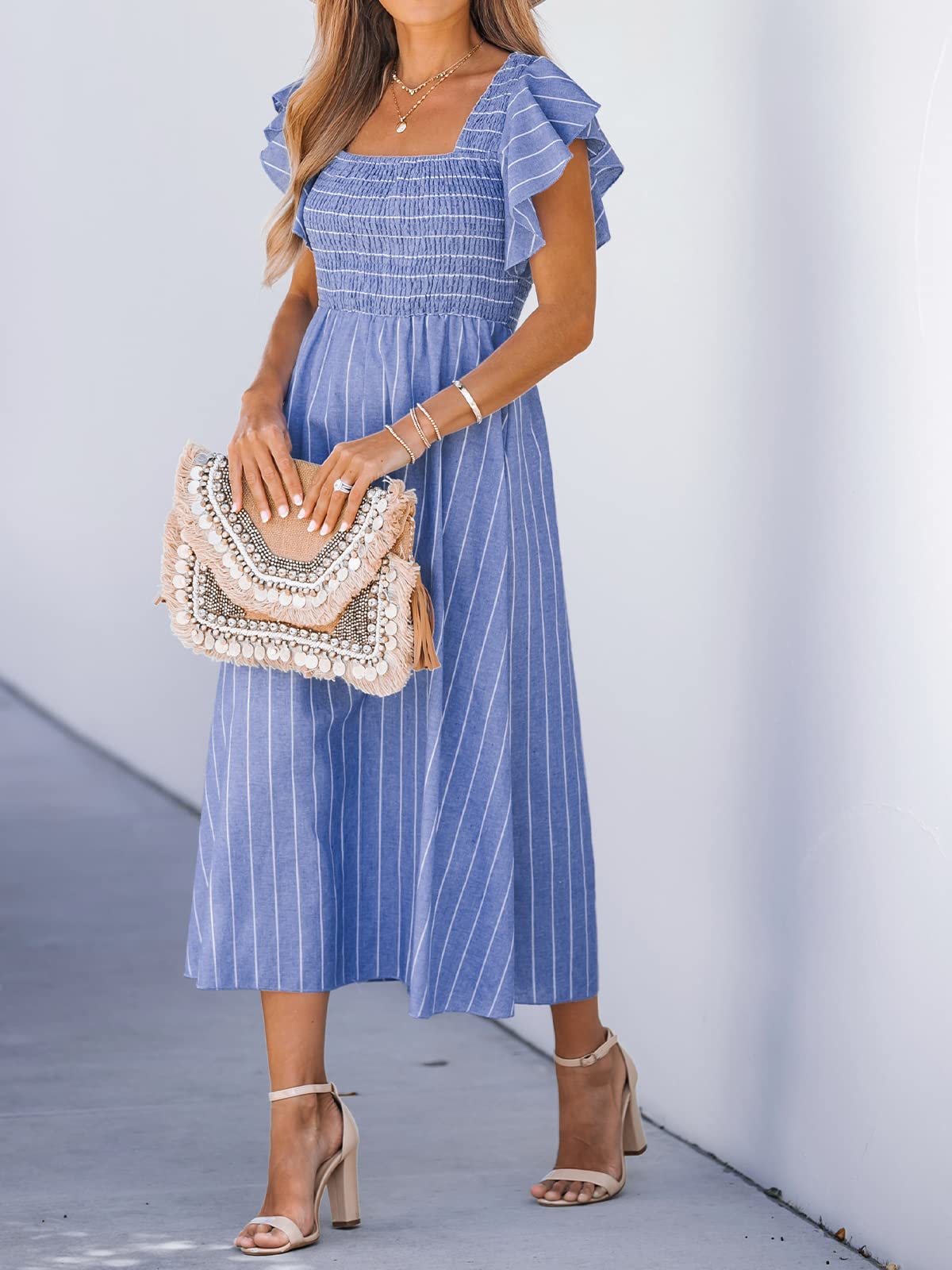 CUPSHE Abito estivo da donna con scollo quadrato a righe e punto smock, con maniche ad aletta, maxi abito formale