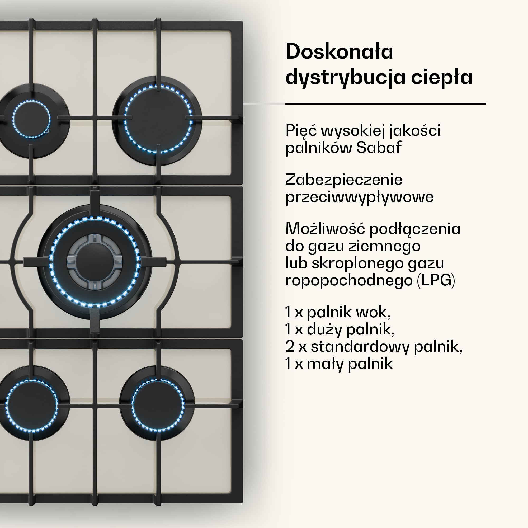 Klarstein Victoria Kuchenka gazowa, do zabudowy, palnik Sabaf, gaz ziemny/propan, automatyczne wyłączanie, żeliwne uchwyty do garnków, wygląd retro, 5 palników, biała