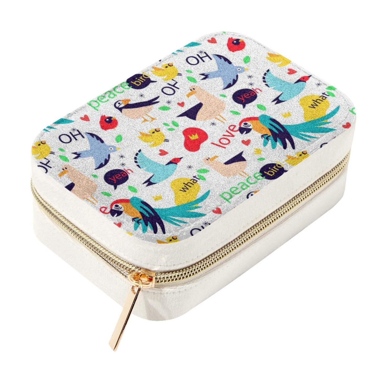 Boîte à bijoux de voyage en velours motif oiseaux pour bagues et colliers