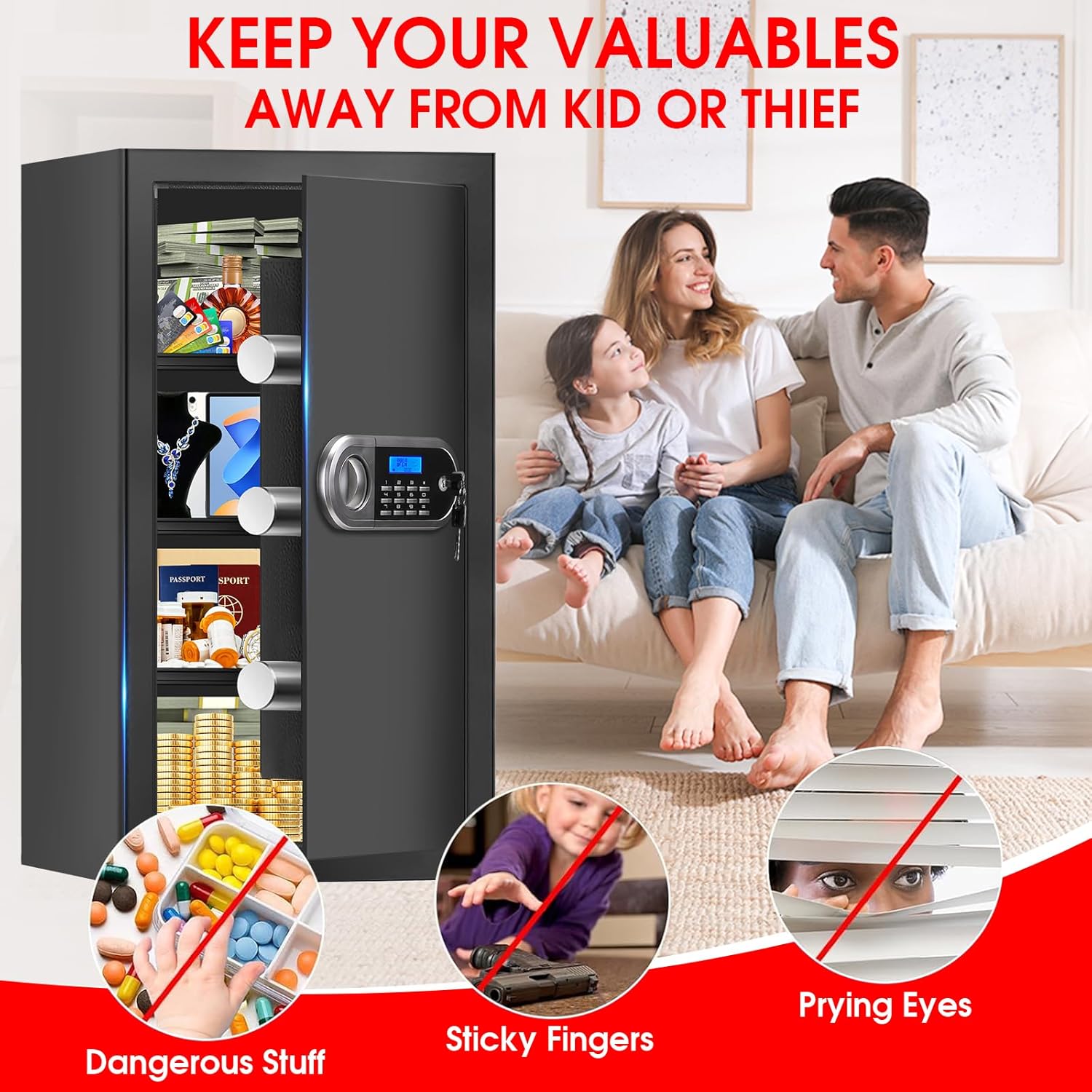 6.0 Cuft Large Fire Proof Safe for Home Documents, Safe Box Fireproof Waterproof with Electronic Keypad, Spare Keys and Alert System, Digital Home Safes Water and Fireproof for Office Money Valuables