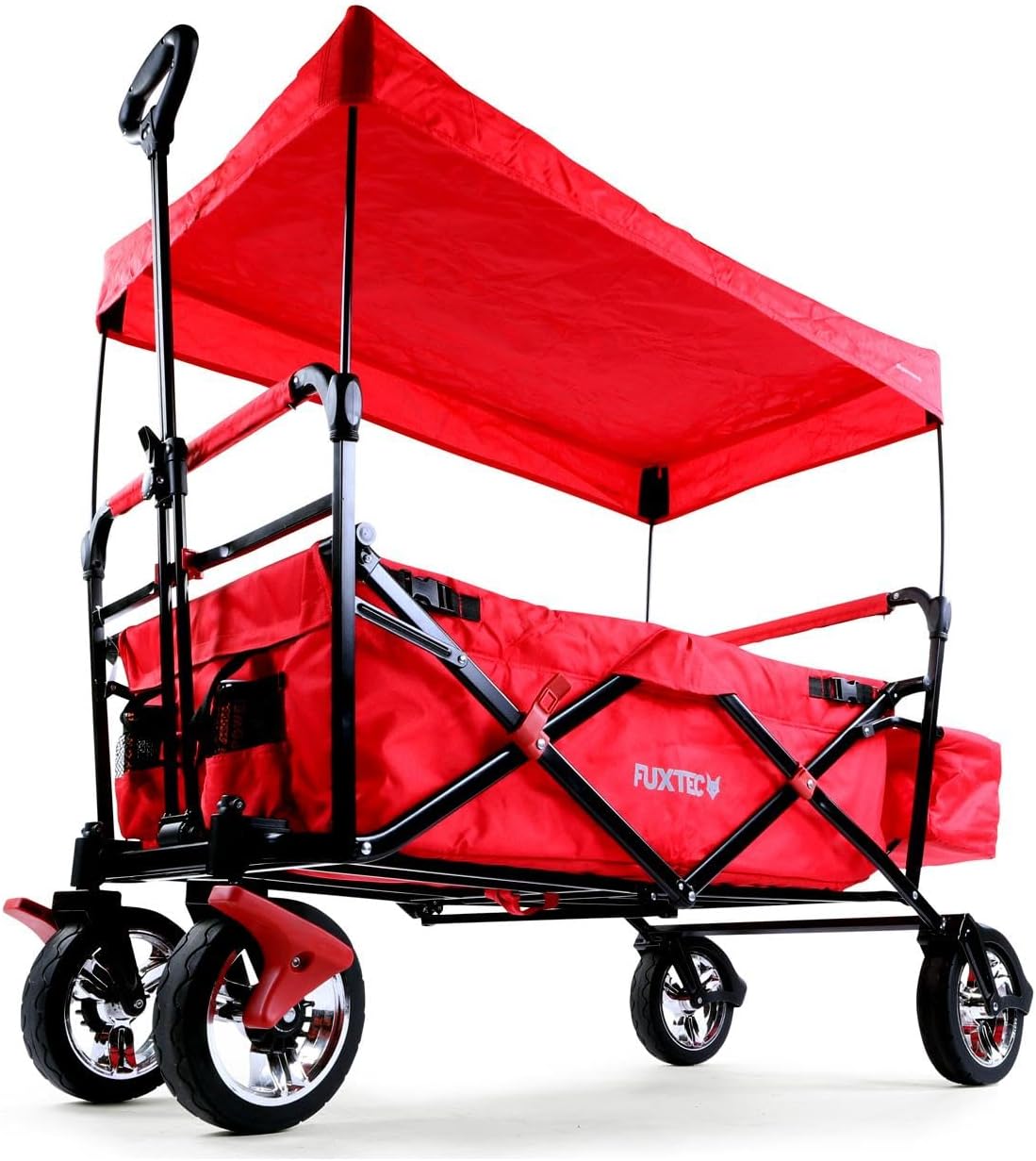 FUXTEC Folding Handcart FX-CT500 Red with Roof - Folding Transport Trolley Including Rear Bag & Adjustable Pull Bar Parking Brake Full Profile Tyres Handcart / Ladder Cart - The Original