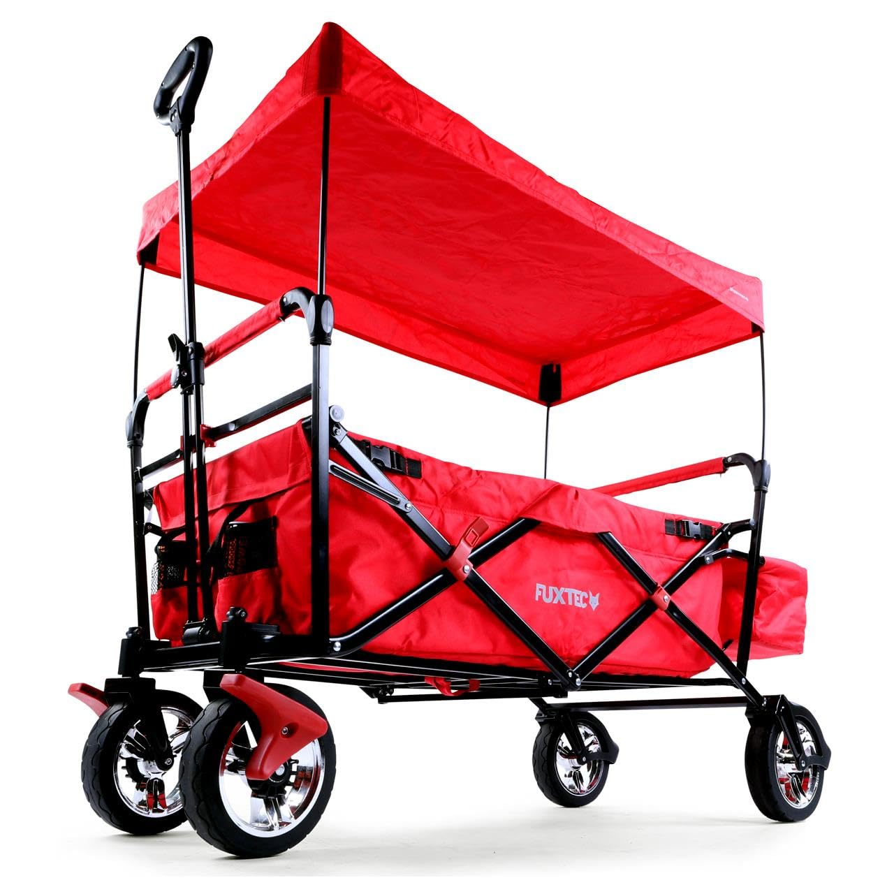 Fuxtec Red Ct500 Folding Wagon For Kids To Sit In – Stroller-Style Push-Pull Cart With Removable Canopy, Rear Bag, Adjustable Handle & 4-Wheel Design For Outdoor Transport