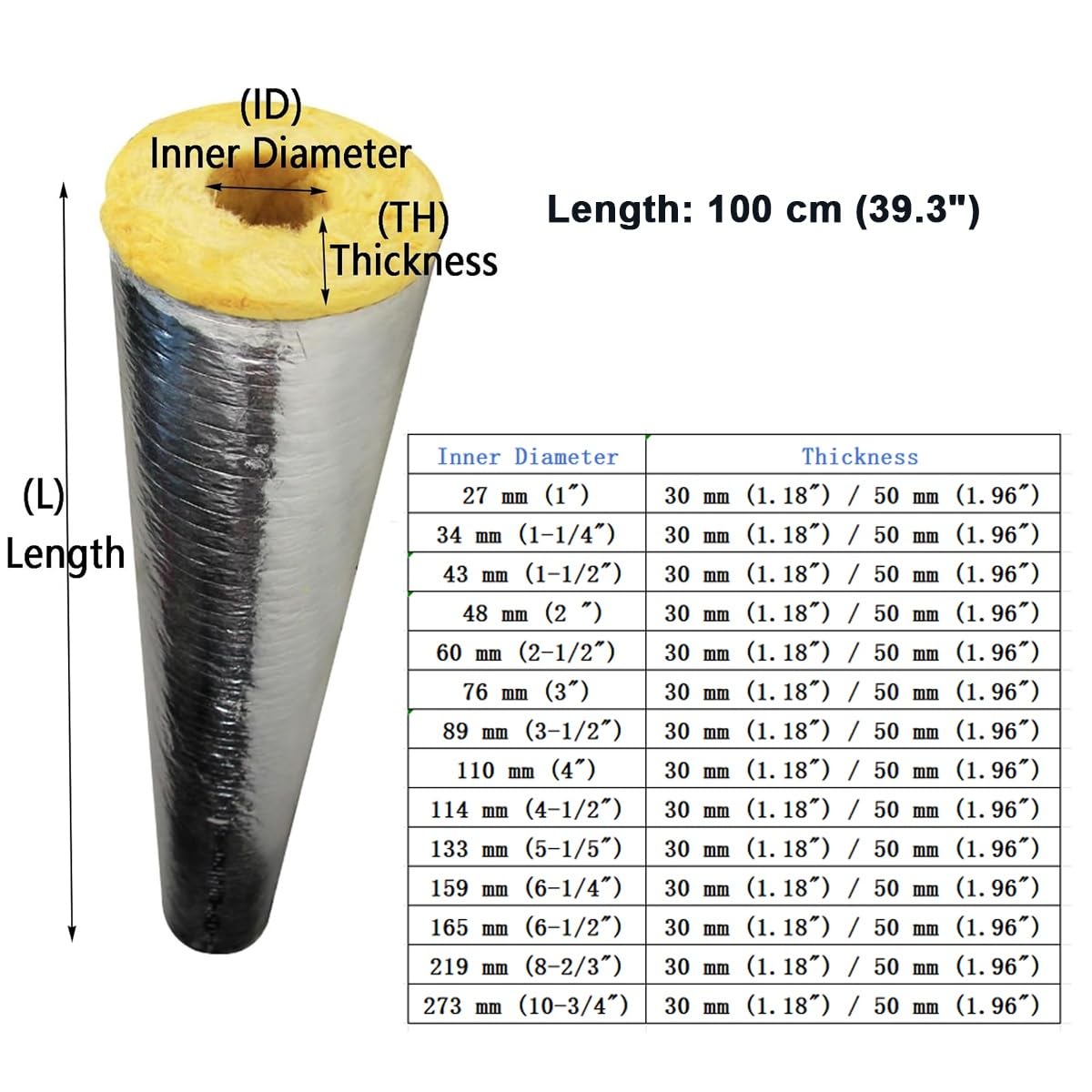 Tubo aislante de lana de roca de 1" a 273 mm (10-3/4") de diámetro interior, tubo aislante de lana de vidrio, for tuberías de agua en interiores y exteriores.(ID3"xT1.97")