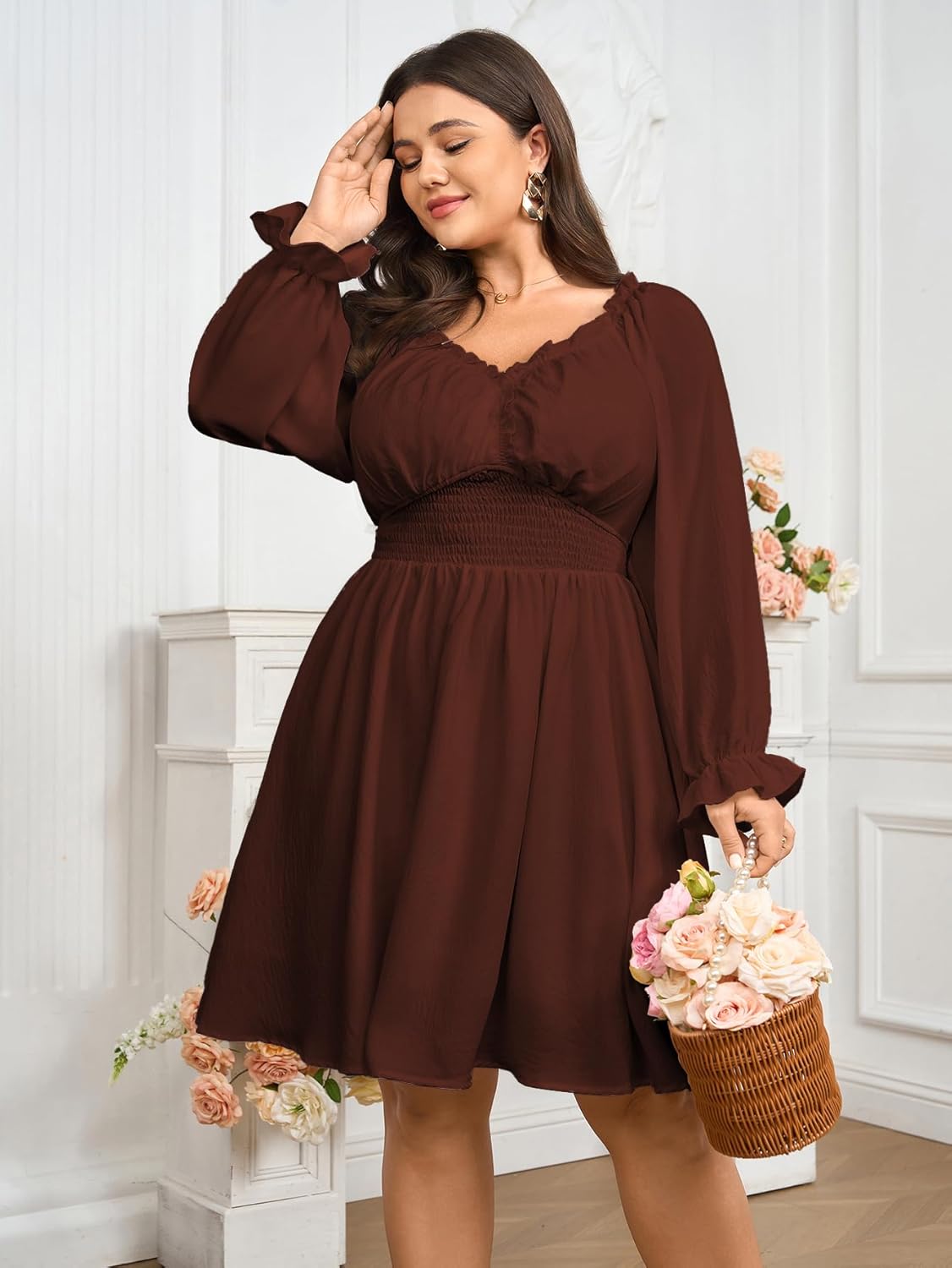 SCOMCHIC Womnes Plus Size Long Sleeve Mini Dress Smocked Elastic Waist Sweetheart V Neck A Line Dresses - Image 3