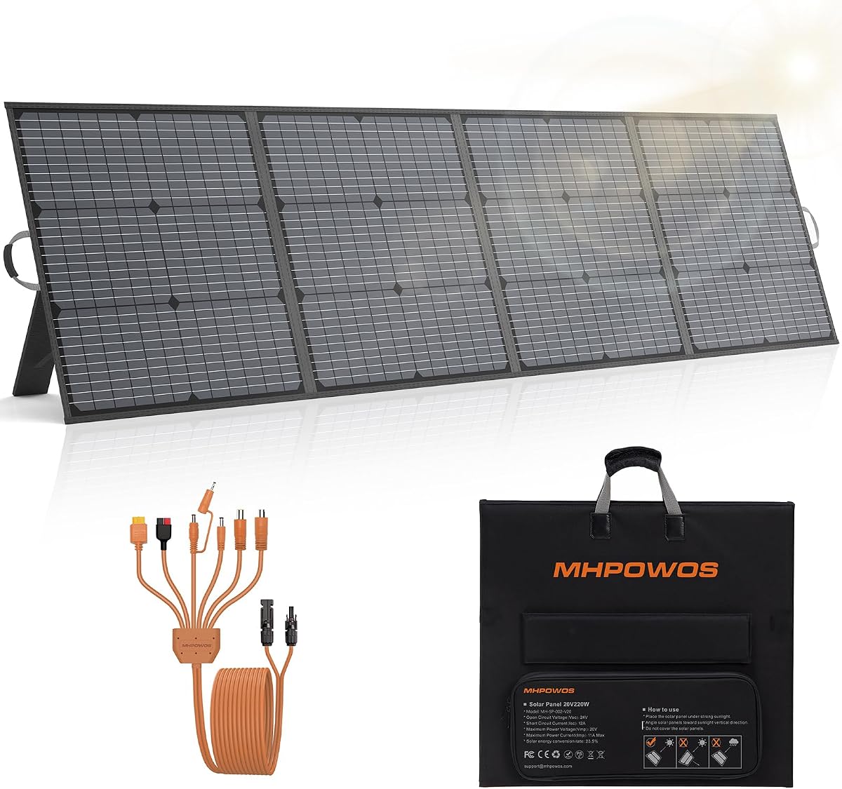 220W Portable Solar Panel for Power Station,Foldable Solar Charger 20V | 23.5% High Efficiency,IP67 Waterproof,7-in-1 Output Connector,Adjustable Bracket for Outdoor RV Camping Blackout