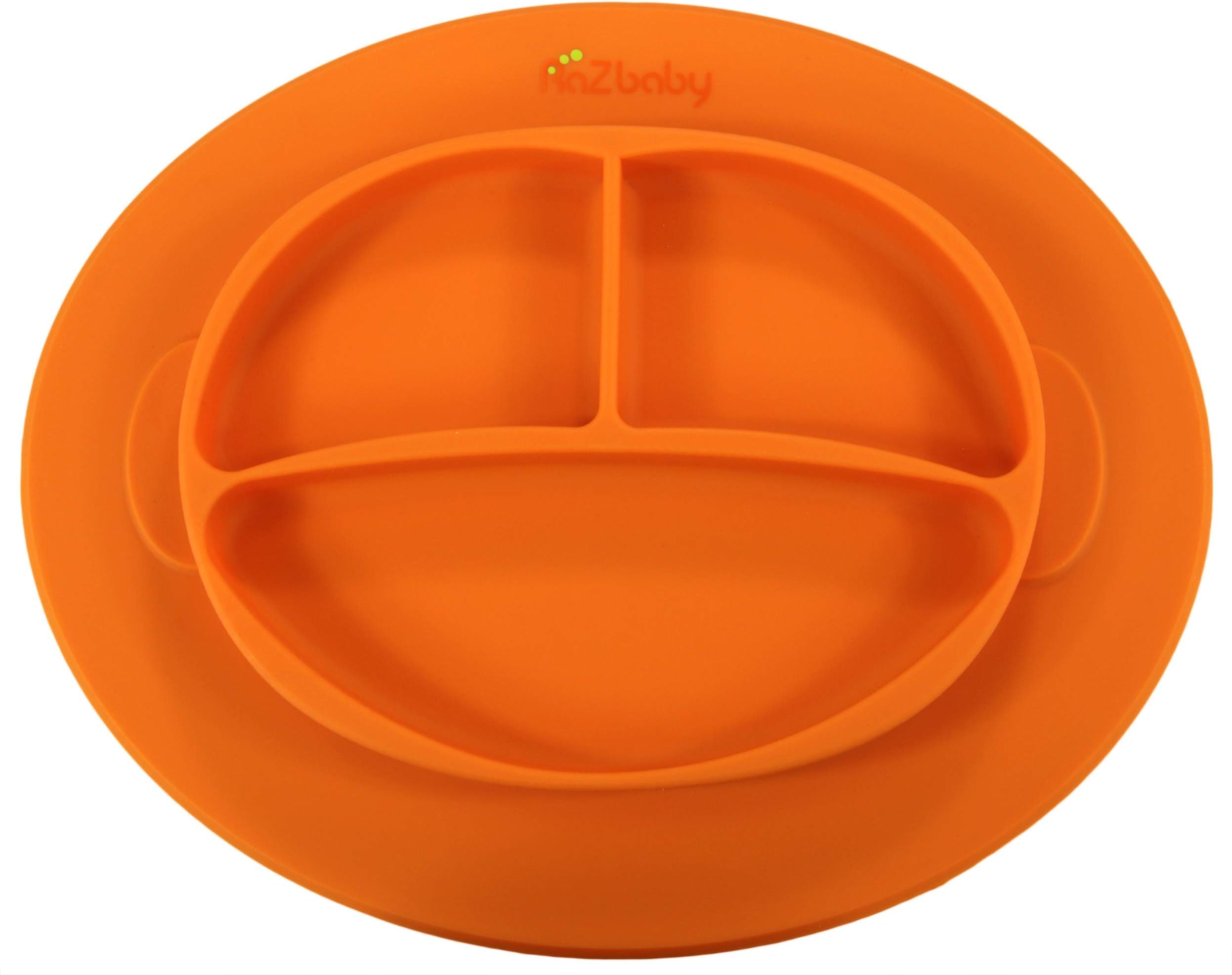 RAZBABY RaZ-Plate Silicone Suction Baby Plate | Built-in Place-Mat for Infants + Toddlers | First Foods+Self-Feeding | Baby's First Plate | Perfect for Led Weaning | Stays in Place Less Mess | Orange