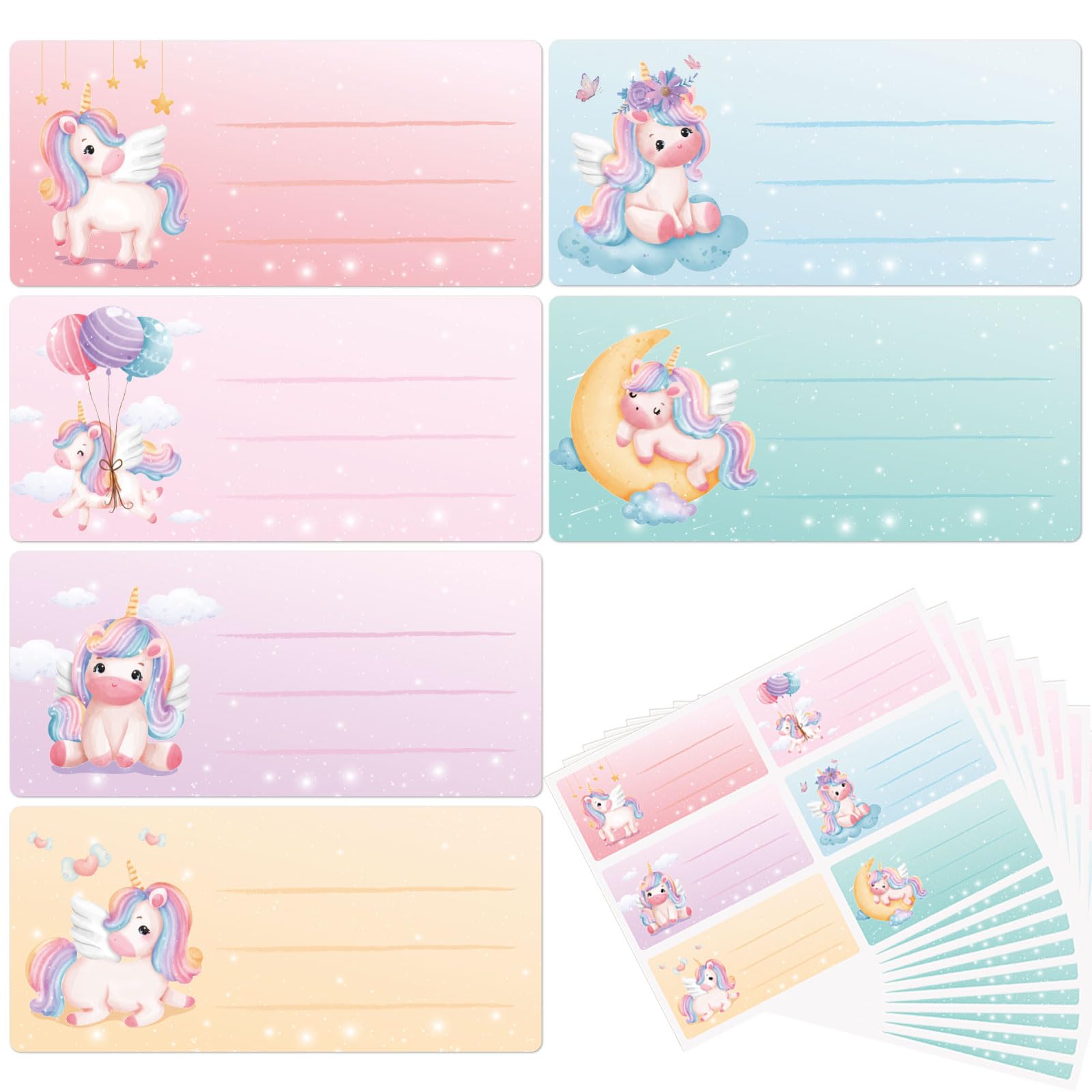 60pcs Etiquetas Escolares Adhesivas Unicornio para Niñas Pegatinas Pizzara para Cuaderno Nombre Eitquetas 7,6x3,5cm