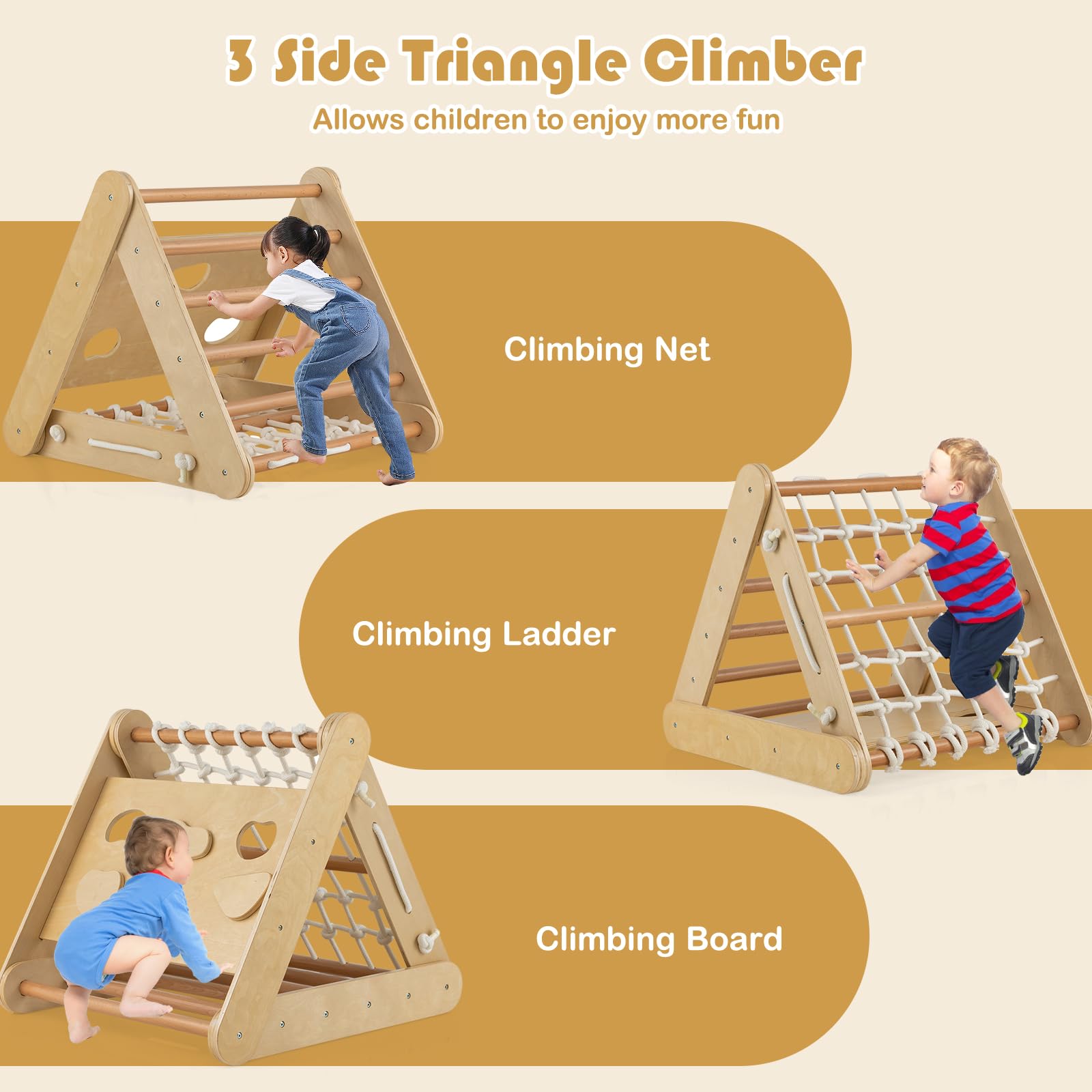 HOMASIS 4 in 1 Klettergerüste mit Rutsche, Kletterdreiecke für Kinder, Spielplatz aus Holz, Montessorie Kletterspielzeug für Kinder ab 1+ Jahren, Sprossendreieck Max. Kapazität 60 kg (Holzfarbe)