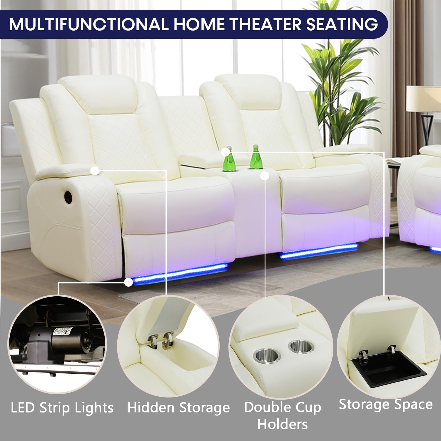 Power Recliner Sofa Set with LED Lights,Leather Reclining Sofa with USB Port/Storage Console/Cup Holder,Living Room Furniture Set for House/Home Theater(3 Piece Set,Creamy)