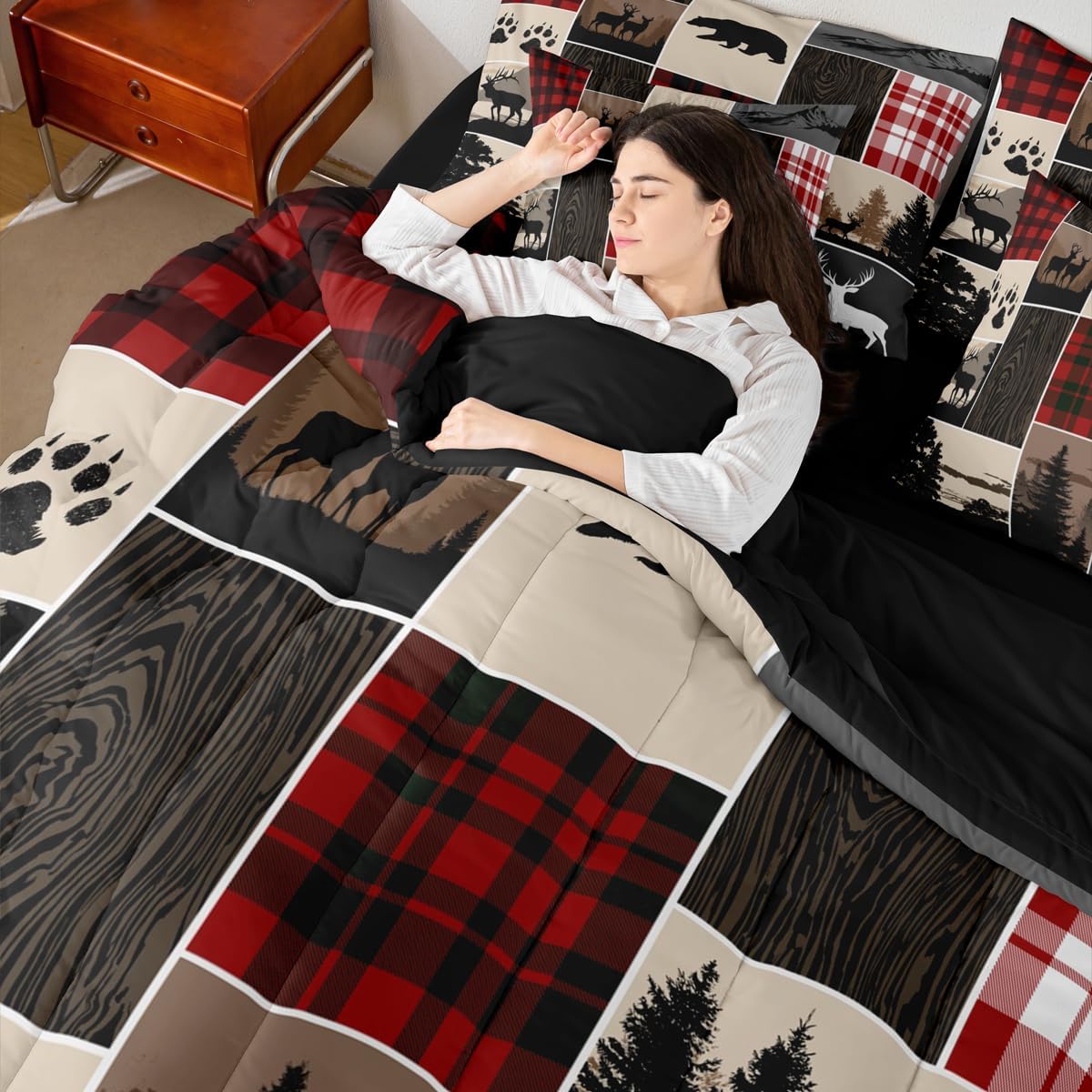 Bear Deer Comforter For Bedroom, Rustic Cabin Lodge Bed In A Bag Queen 7 Pieces Bedding - 1 Woodland Animal Comforter, 1 Farmhouse Fitted Sheet, 1 Flat Sheet, 2 Pillow Cases, 2 Throw Pillow Covers