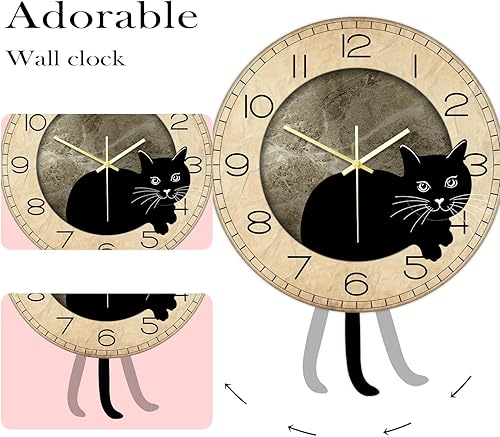 Miniatura 6 de Reloj de pared con péndulo de gato negro, divertido reloj oscilante de gato con cola móvil, silencioso, sin tictac, funciona con pilas, reloj de