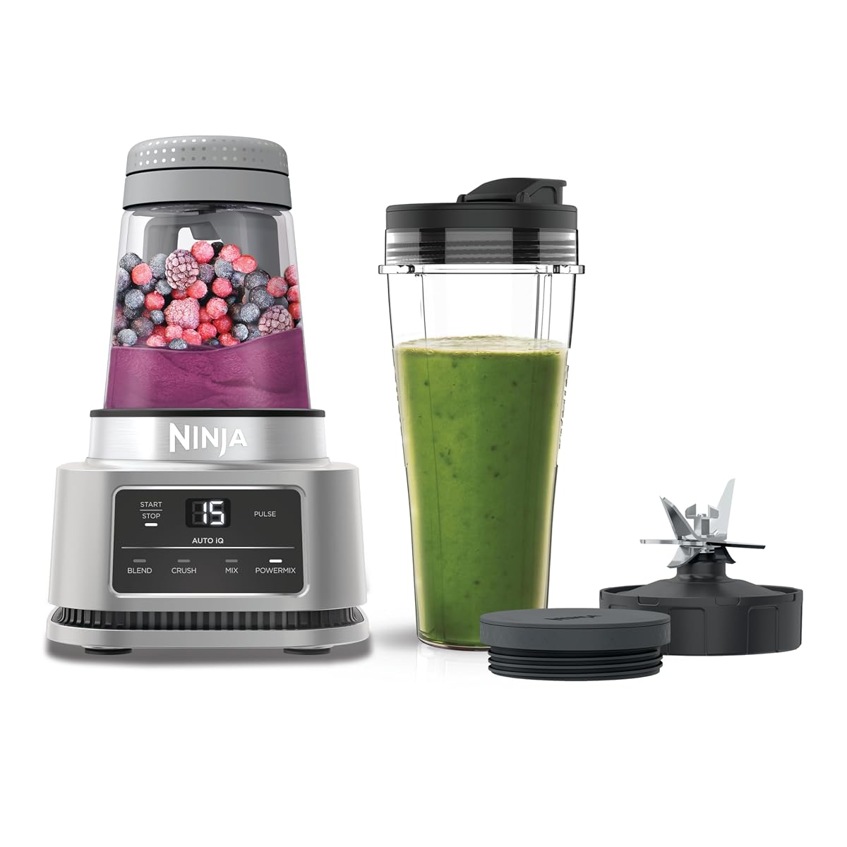 Ninja Foodi Power Nutri Mixer 2W1, srebrny, CB100EU | Smoothie, mieszanie gęstych past i mrożonych napojów, programy aut