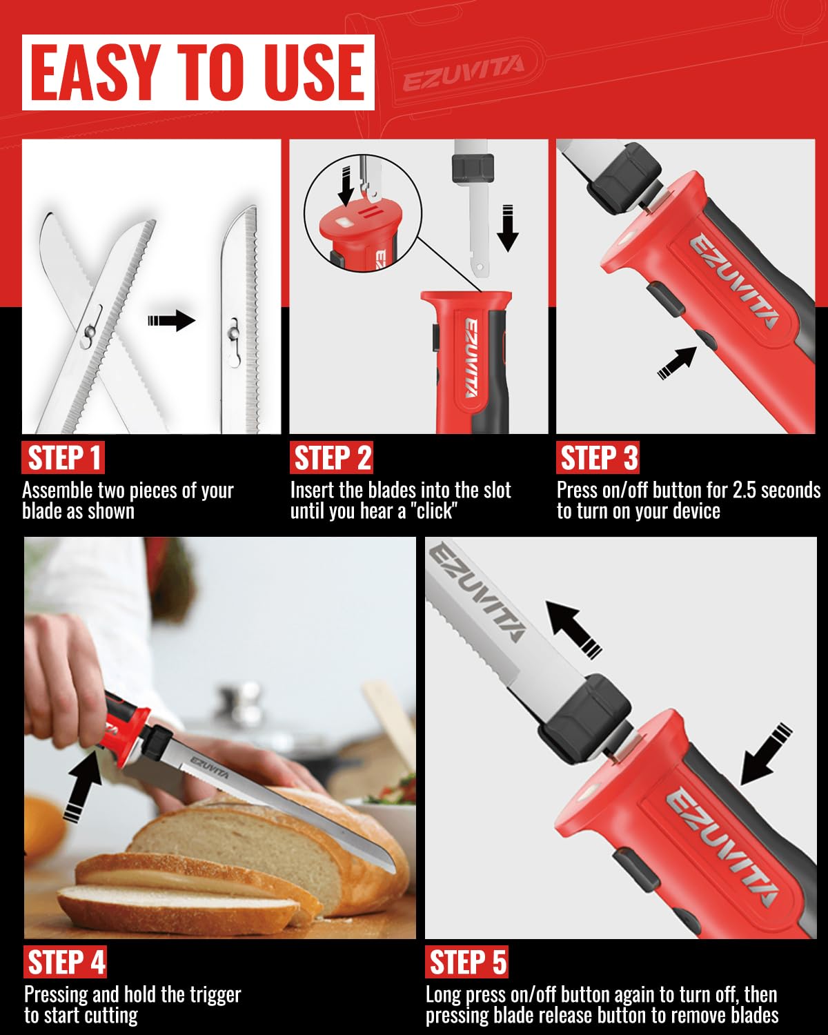 Couteau Électrique sans Fil 8V, Couteau Cuisine Électrique avec 2 Lames, Fourchette, Batterie Remplaçable 2000mAh, Lavable au Lave-vaisselle, Couteau à Pain Électrique pour Viande, Pain—Rouge
