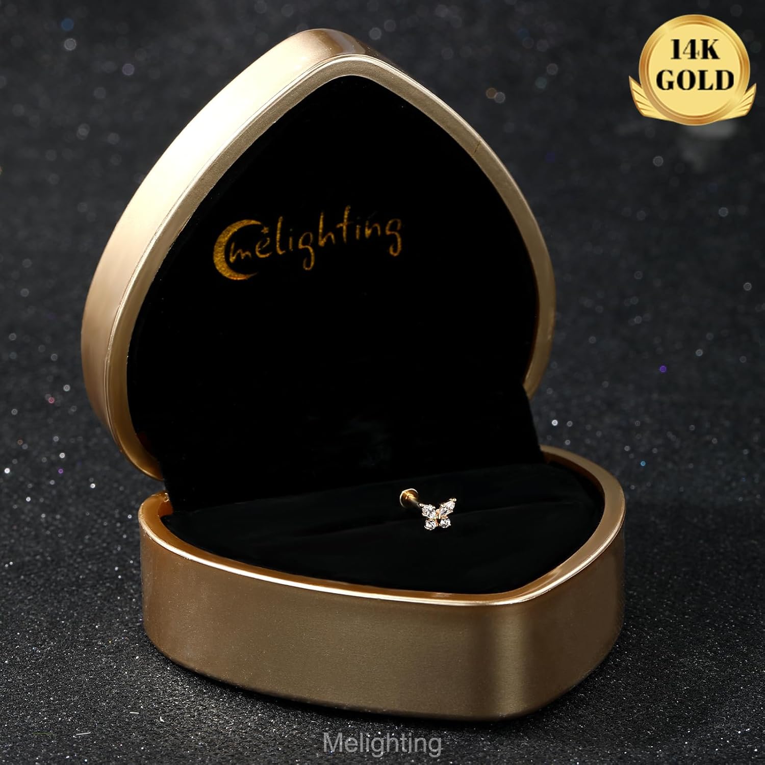 Melighting 14k Solid Gold Cartilage Earring 16G Internally Threaded Butterfly Flat Back Helix Piercing Jewelry Clear CZ Tragus Conch Stud for Women 6/8 mm