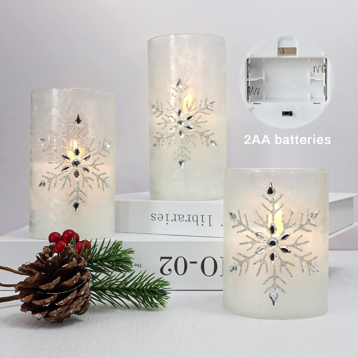 Holiday Flameless Candles, Christmas Remote LED Flickering Candle Glass, Jeweled Snowflake Frost Ice Effect, Battery Operated, Xmas Gift Decorations New Year Party Wedding Decor [x3]