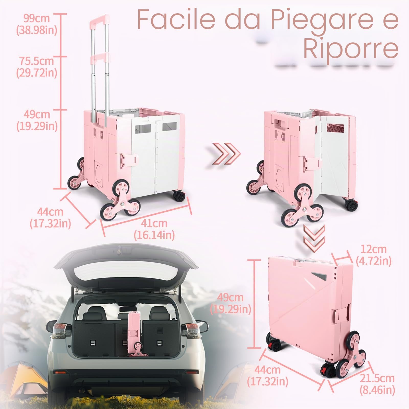 LexonElec x SELORSS Carrello della Spesa Pieghevole con Ruote Saliscale, Manico Telescopico Regolabile in Alluminio e Coperchio, Scatola Utile Pieghevole, Carrello Portatile, 90KG/76L - Rosa Bianco