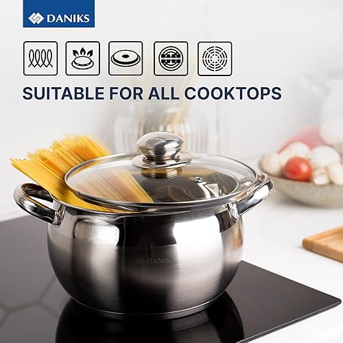 Miniatura 9 de Daniks Juego clásico de utensilios de cocina de acero inoxidable de 12 piezas con cacerola y sartén, tapas de vidrio, compatible con inducción, apto