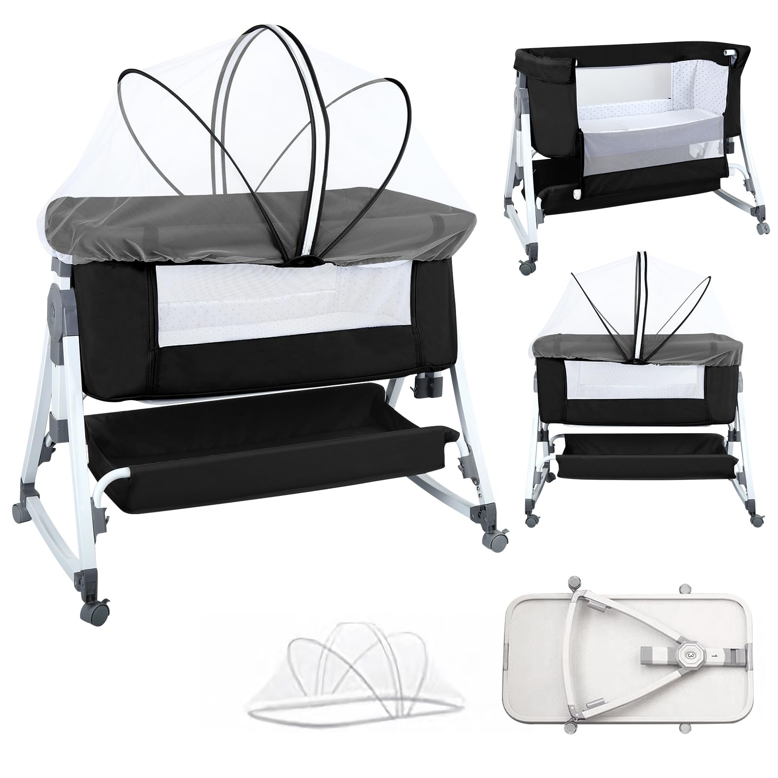 Supfine Berceau Cododo 3 en 1 pour Bébé, Hauteur et Inclinaison Réglables, 72 x 50 cm, Moustiquaire et roulettes, 1-36 Mois (Noir, 80 * 40 * 100 cm)
