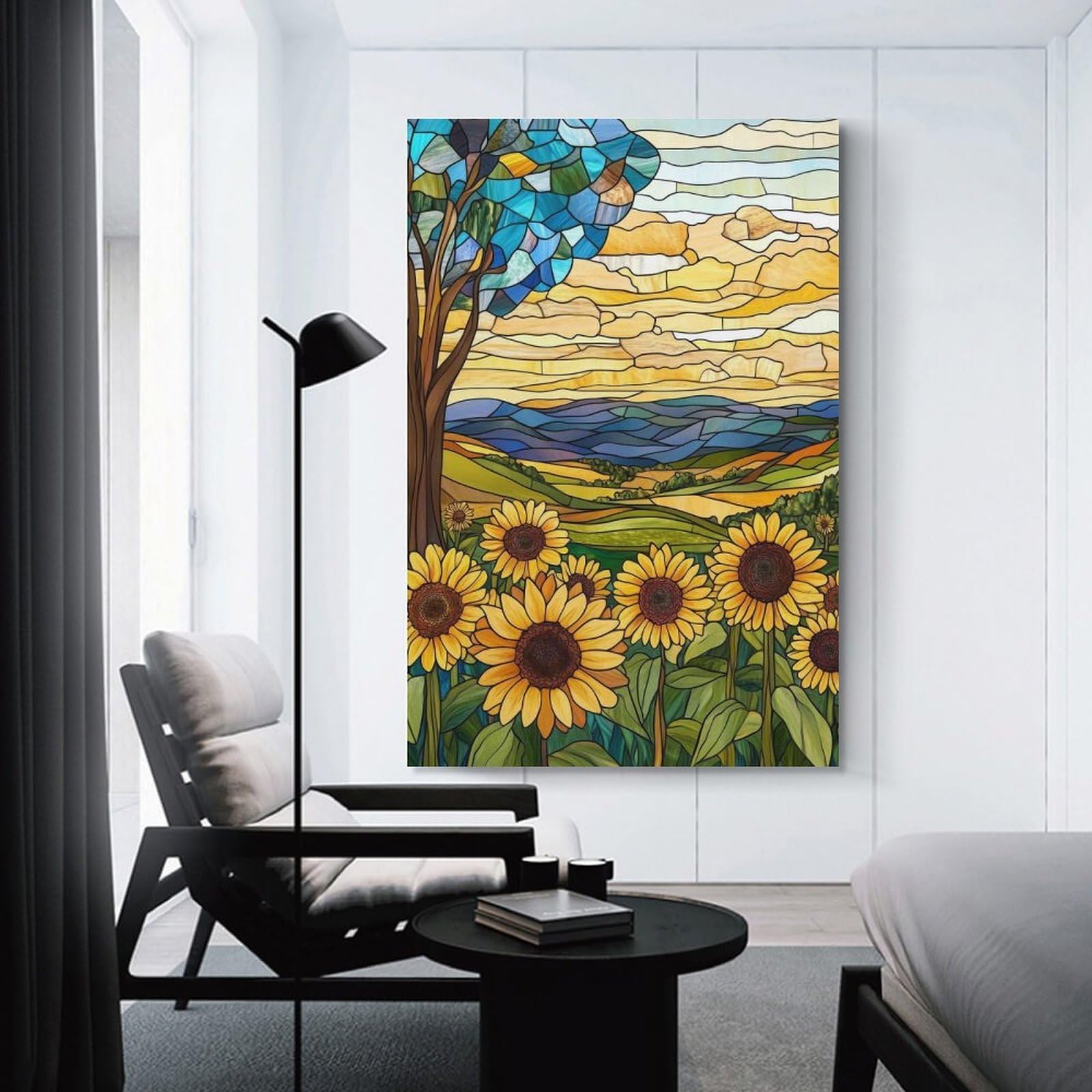 Junmoney Wall Picture Print Stained Glass Sunflower Field, 12x18inch(30x45cm), for Living Room, Bedroom, Office Or Hallway, A Flexible Wall Accent for Shared Spaces