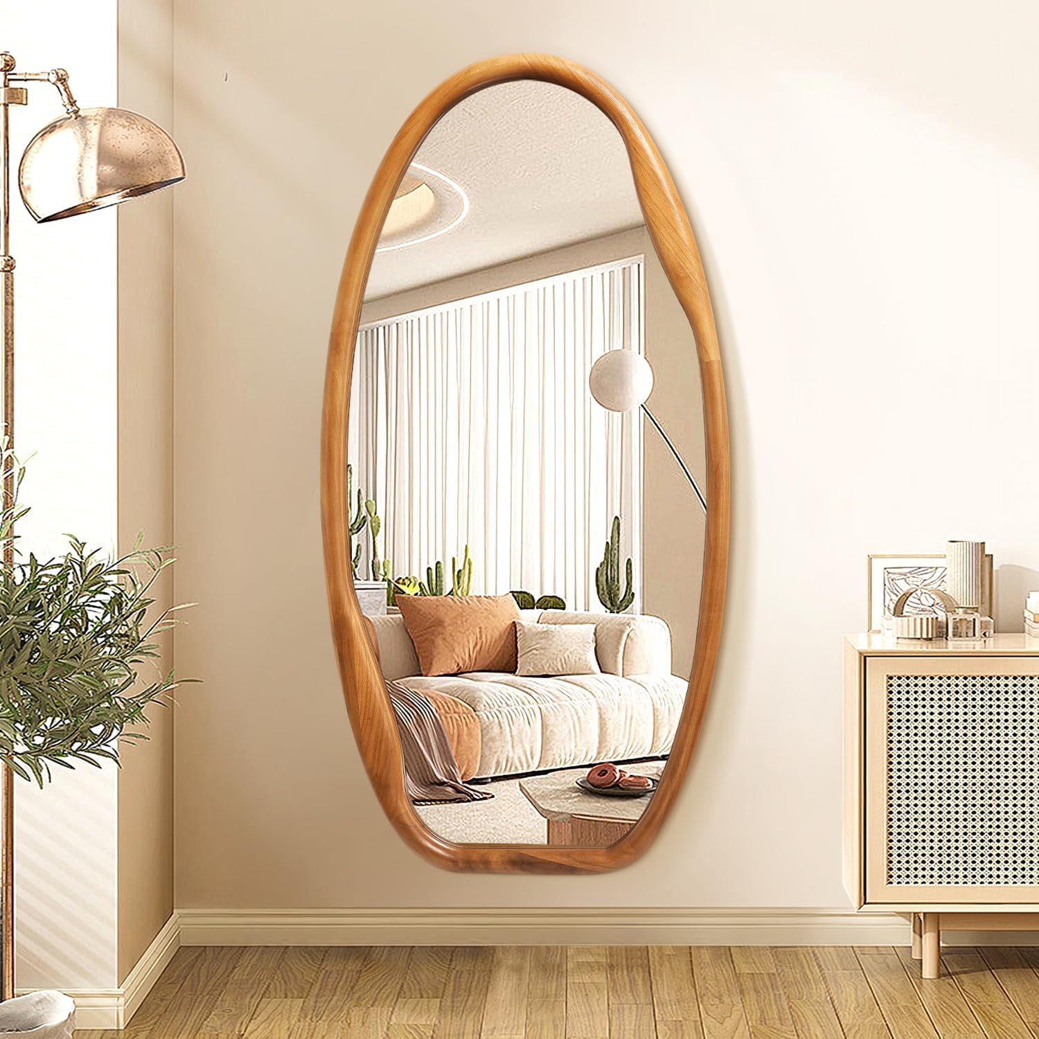 JJUUYOU Wooden Frame Wall Mirror Irregular Mirrors for Wall 100x50cm Asymmetrical Decorative Vintage Hanging Mirror for Bathroom Bedroom Living Room Cloakroom Entryway Brown