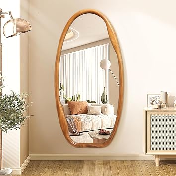 JJUUYOU Wooden Frame Wall Mirror Irregular Mirrors for Wall 100x50cm Asymmetrical Decorative Vintage Hanging Mirror for Bathroom Bedroom Living Room Cloakroom Entryway Brown