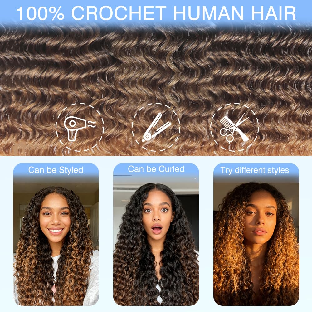 Renyarch Hair Crochet Human Hair Bundles for Black Women 14 Pollici Deep Wave Hair Crochet Hair 200g 160c T30# Water Wave Wet and Wavy Invisible Knotless Curly Extensions