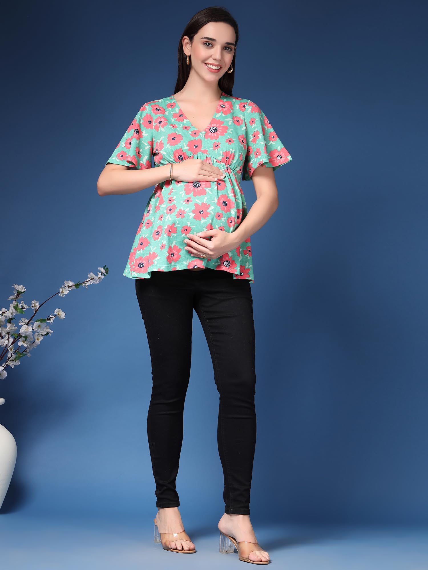 ZELENA Rhea Floral Maternity & Nursing Top | Cotton Stretch Flutter Sleeve Feeding Wear with Hidden Zips | Pregnancy & Postpartum Friendly Green - Image 6 thumbnail