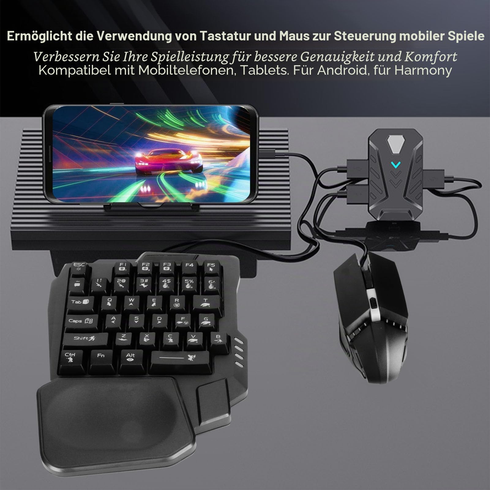 TZ 007 Einhand-Tastatur-Maus-USB-Typ-C-Splitter-Kombination, Kabelgebundene Kabellose Verbindung, Einhand Gaming Tastatur mit RGB-LED-Hintergrundbeleuchtung, Gaming-Adapter-Kombination für PUBG, Dota,