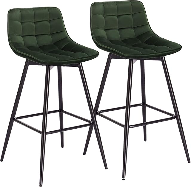 WOLTU Bar Stools Set of 2 PCS Soft Velvet Seat Bar Chairs Breakfast Kitchen Counter Chairs Metal Legs Barstools Dark Green High Stools with Backrests & Footrests