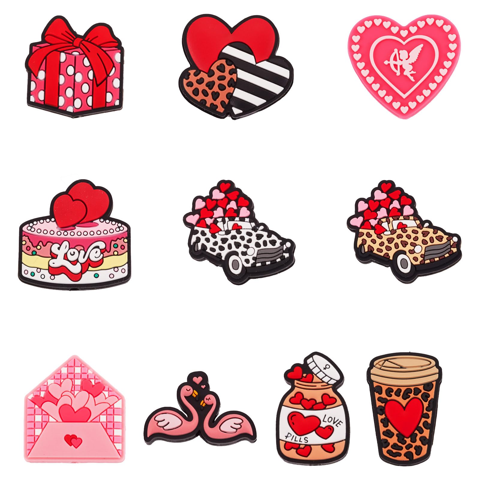 Spritewelry 10Pcs Valentine's Day Silicone Focal Beads Sweet Heart with Cupid Swan Silicone Beads Leopard Print Rubber Beads Beaded Pen Beads for Keychain Jewelry Making DIY Craft 10 Styles