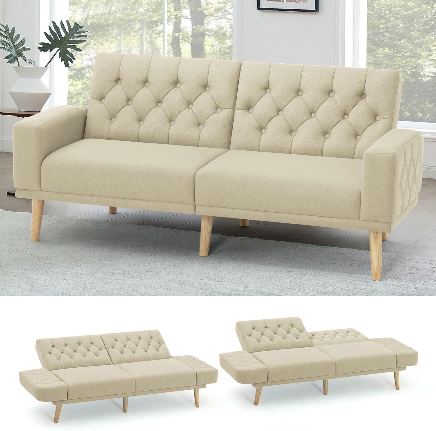 ACMEASE 70” Linen Fabric Futon Sofa Bed with Adjustable Backrests