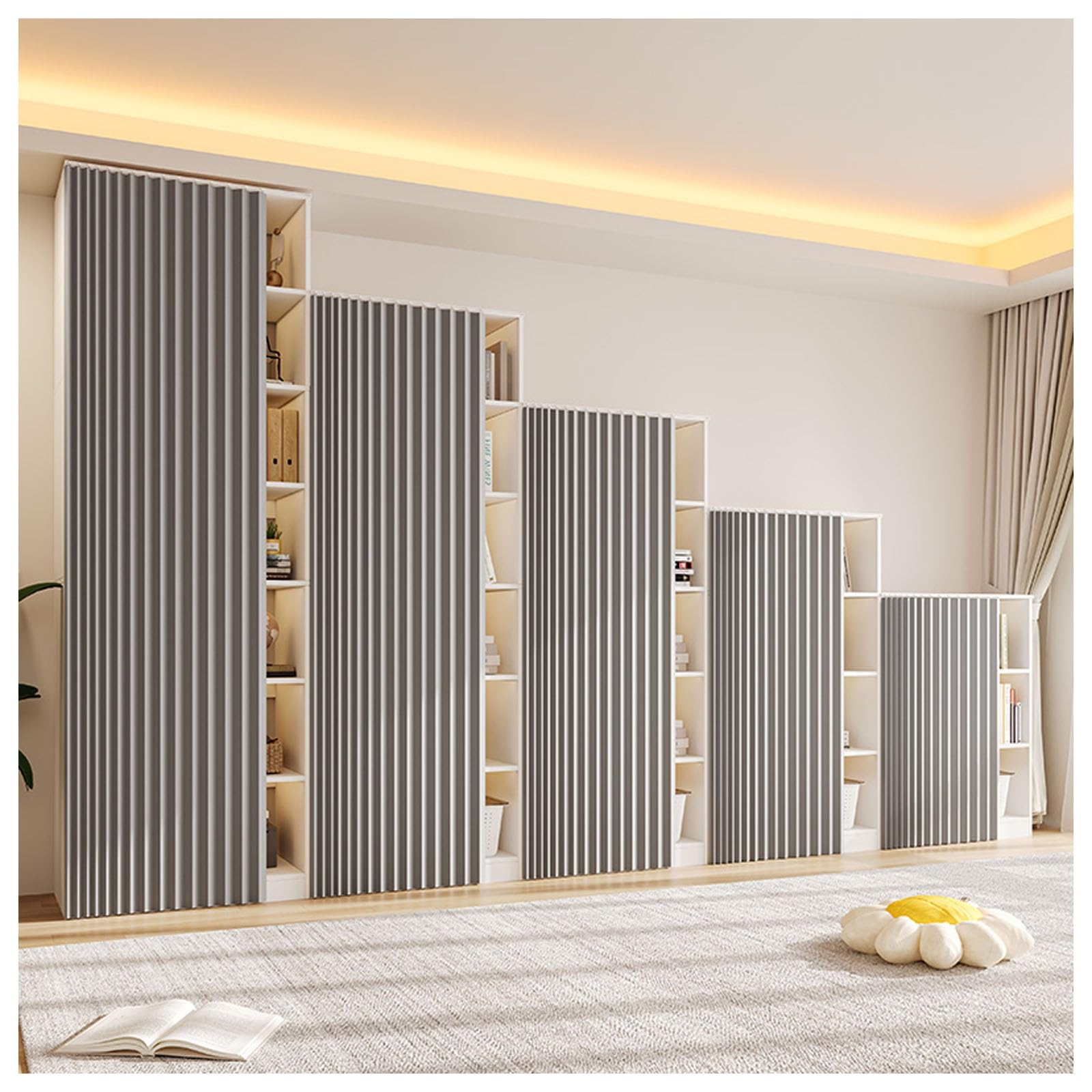Rideaux pour étagères d'armoire et placard de bureau, rideau pliant gris