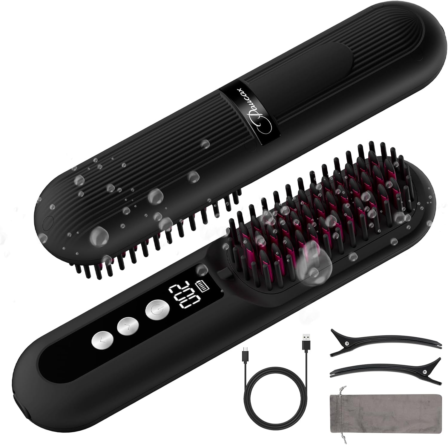 Draadloze stijlborstel, draagbare mini-haarborstel voor op reis, met miljoenen negatieve ionen, ultralange werktijd van 80 minuten, 9 temperatuurniveaus, 150 °C – 230 °C