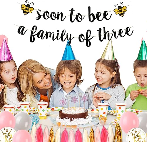 Miniatura 4 de KUNGOON Cartel de bienvenida para fiesta de bebé con texto en inglés Soon To Bee a Family of Thres, baby shower con temática de abejorro