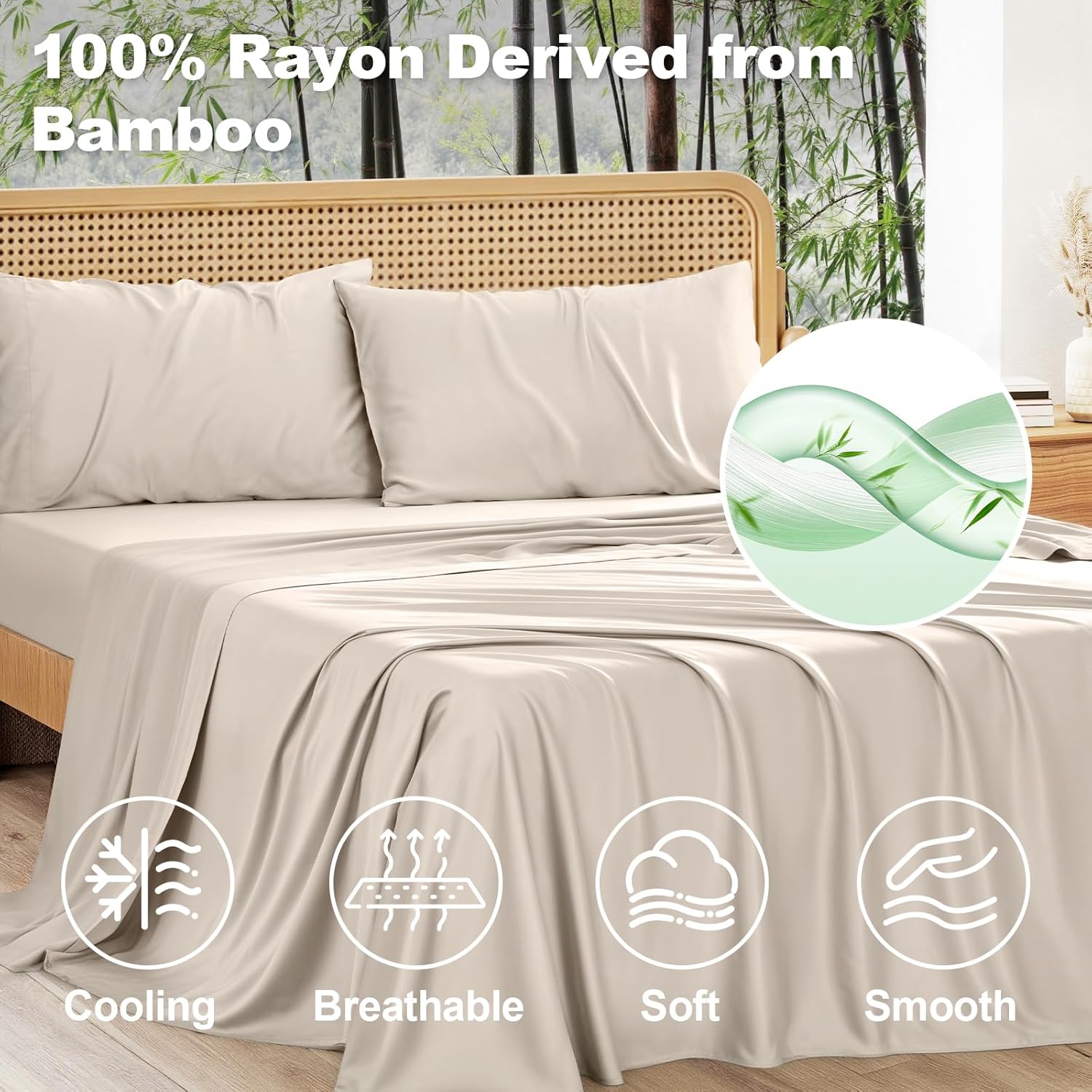 Vipfree California King Sheet Set, Cooling Rayon 4-Piece Bedding with Deep Pockets, Sand, 300 Thread Count
