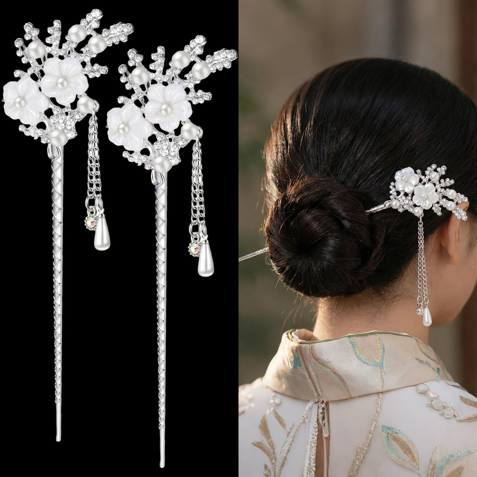 Chuangdi 2 Pcs Chinese Japanese Hair Sticks for Women Vintage Silver Rhinestone Long Hair Chopsticks Pearl Flower Pins with Tassel Traditional Hanfu